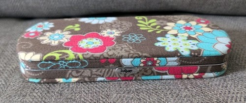 Thirty-one Hard Shell Case Wallet Clutch Brown Blue Floral Design Snap Closure