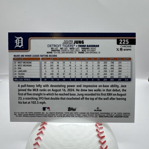 2025 Topps Chrome MLB - Rifrattore seppia - #225 Jace Jung (RC) - Detroit Tigers - Foto 2 di 2