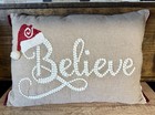 Believe Christmas Pillow Chenille Cotton Lettering Santa Hat Holiday Decor 20x14