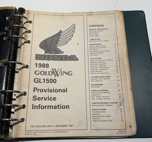 GENUINE HONDA 30008801 GOLDWING GL1500 1988 SERVICE MANUAL - Binder - Extra Docs - Bild 4 von 7