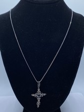 Sterling Silver Marcasite  Onyx Cross Pendant Necklace 10.0g