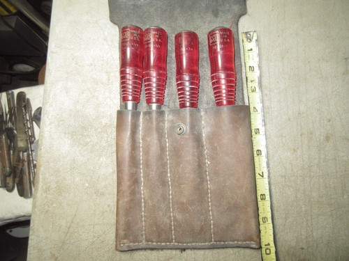 Vtg Millers Falls chisel set of 4 w/user made leather pouch Permaloid handles - Picture 5 of 24