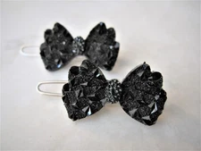 Two small tiny sparkle black bow crystal hair pin clip barrettes fine hair