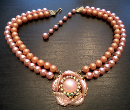 VINTAGE ESTATE AB RHINESTONE PINK FLORAL DBL STRAND 17 1/4" NECKLACE! G7116