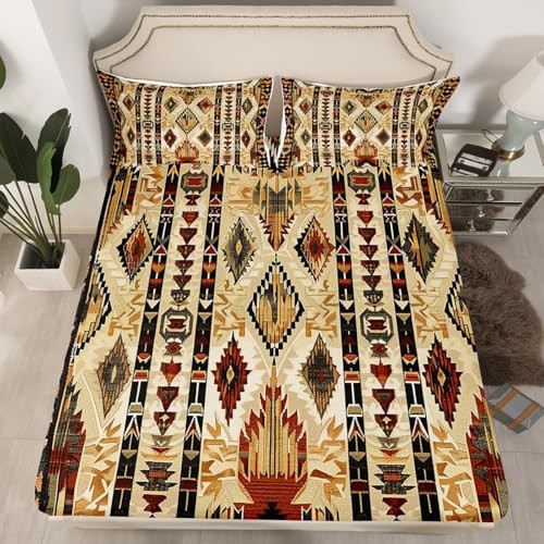 Tan Southwestern Bed Sheets Set Twin Size Geometric Sheet Set Tribal Native - Picture 5 of 8