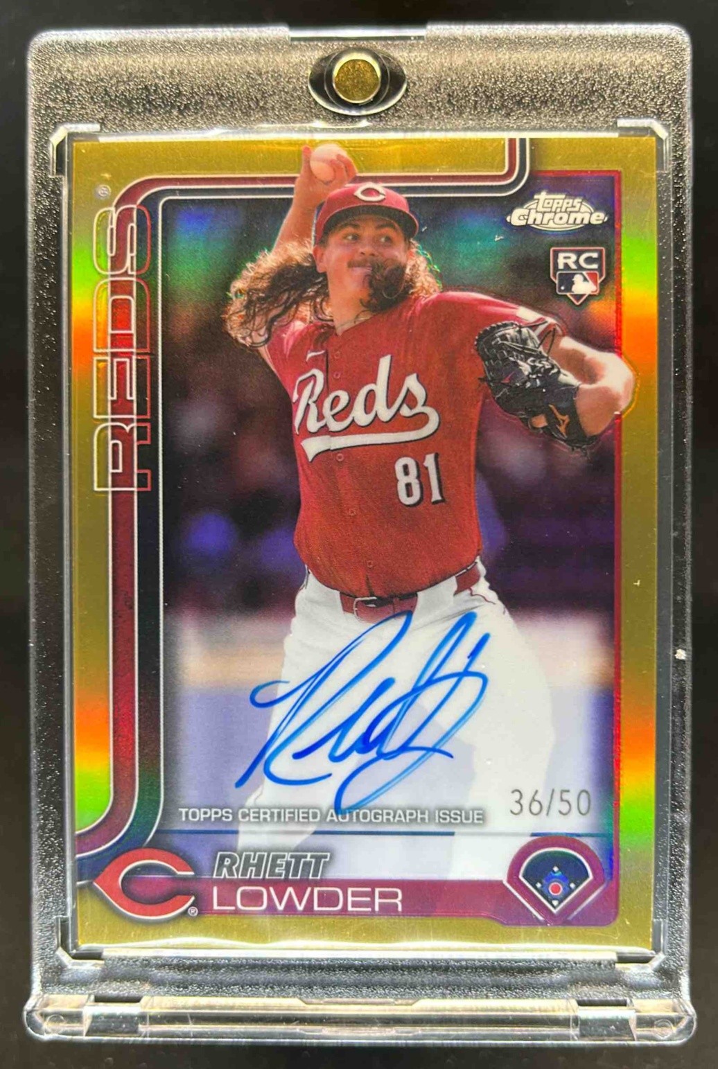 2025 Topps Chrome Rhett Lowder Rookie Auto Gold Refractor Rookie #36/50 Reds