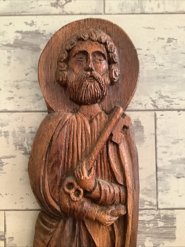 Seltene handgeschnitzte Eichenplakette St. Peter mit dem Schlüssel zum Himmelstor Volkskunst - Bild 2 von 10