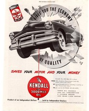 1949 Kendall The 2000 Mile Oil Saves Your Motor and Money Single Page Print Ad