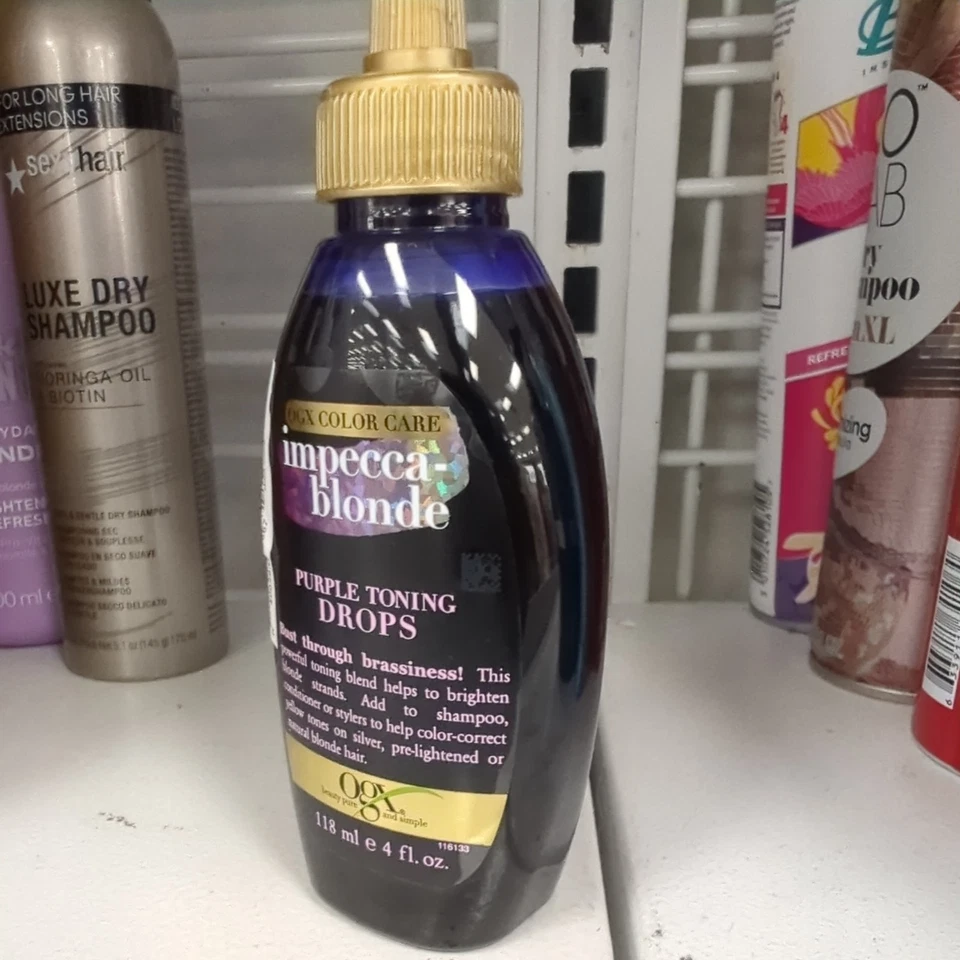 Gotas tonificantes OGX Impecca rubio púrpura para cabello rubio plateado 4 fl oz Foto 3 de 3