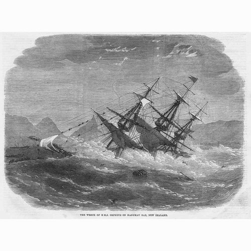 Schiffswrack der HMS Orpheus auf Manukau Bar Neuseeland - antiker Druck 1863
