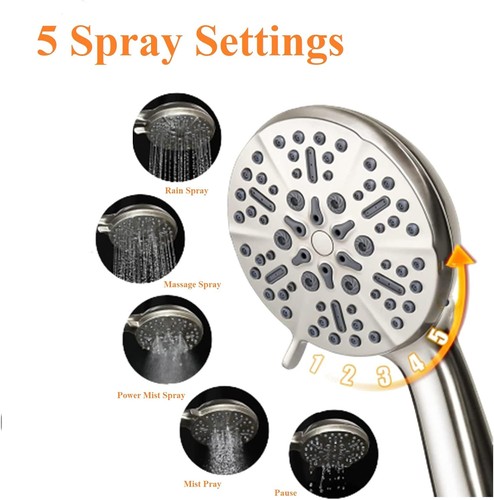 High Pressure Shower Head with Handheld - 5 Spray Settings Brushed Nickel - Picture 2 of 8