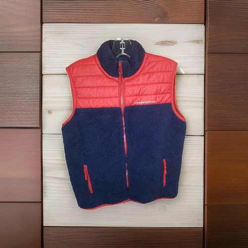 Vineyard Vines Youth Boys Sherpa Fleece Full Zip Vest Red & Blue Size L (16) - Picture 3 of 8