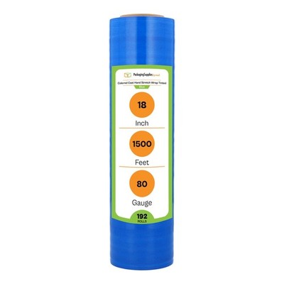 192 Rls 18''x1500' Cast Packing Stretch Film Shrink Hand Wrap (80 Ga) Tint Blue