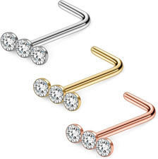 20G Surgical Steel Triple Linear Gem Ball round Diamond CZ Nose Stud Rings L Sha