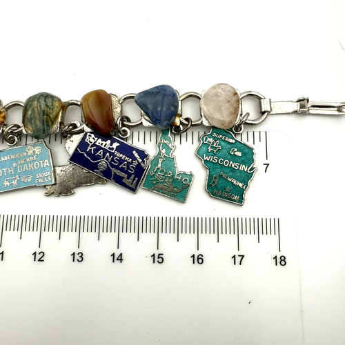 Vintage 1950s USA Map States Charm Bracelet Travel Souvenir Gemstone and Enamel - Picture 4 of 22