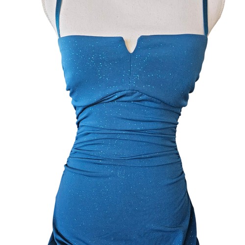 Y2K Womens Babydoll Long Prom Dress Glitter Sparkle Teal Blue Strappy Back Sz S - Picture 4 of 12