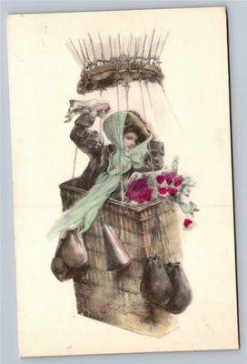 Vintage Hot Air Balloon Woman & Roses Postcard Early 1900s Art