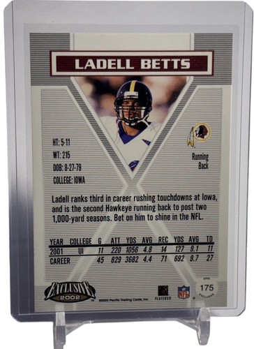 2002 Pacific Exclusive Ladell Betts Redskins Rookie RC Card #175 W/Top Loader - Afbeelding 2 van 5