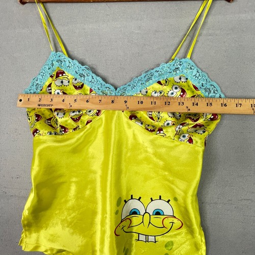 Vtg Y2K SpongeBob Nickelodeon CamiSole Tank Top Womens Small Yellow Graphic Lace - Picture 10 of 14
