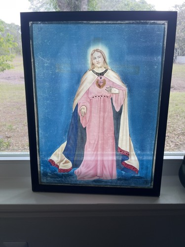 Pintura artística china de pantalla de seda Qing enmarcada firmada por Jesús Dios católico cristiano - Imagen 3 de 11
