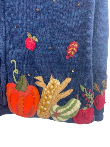 Tiara International Cardigan Maglione Raccolta Autunno Blu Ricamato Zucca S - Foto 4 di 13