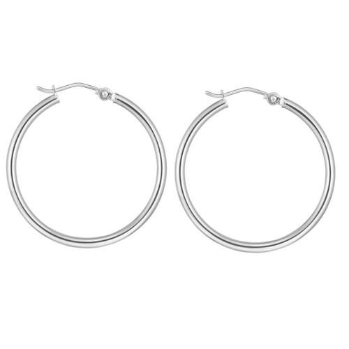 10k White Gold 2.0mm x 30mm Round Shiny Runway Tube Hinged Hoop Earrings - Picture 2 of 9