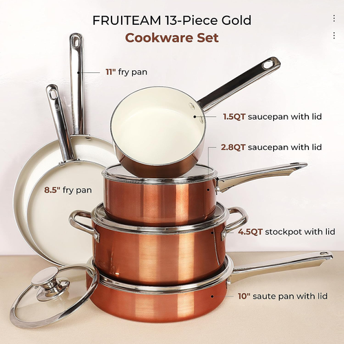 FRUITEAM Nonstick Cookware Set - 6 Pcs Induction Pots Pans Lids Ceramic Coating - Picture 3 of 13