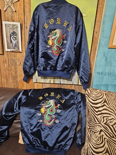 2 Vintage Embroidered Dragon Bomber Jackets Korea  M & L Blue Custom Read Desc. - Picture 1 of 9