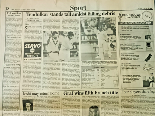 INDIEN SELTENE ZEITUNG INDIAN EXPRESS 9. JUNI 1996 SUNDERLAL BAHUGUNA, SACHIN TENDUL - Bild 12 von 15