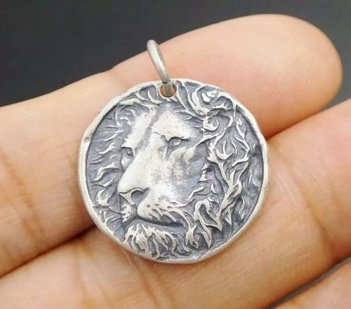 Handmade Unique Antiqued Sterling Silver Lion Head Round Charm Pendant Necklace - Picture 6 of 14