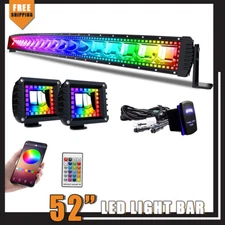52inch Curved LED RGB Chasing Flow Halo Ring Light Bar Bluetooth Remote w/4" Pod