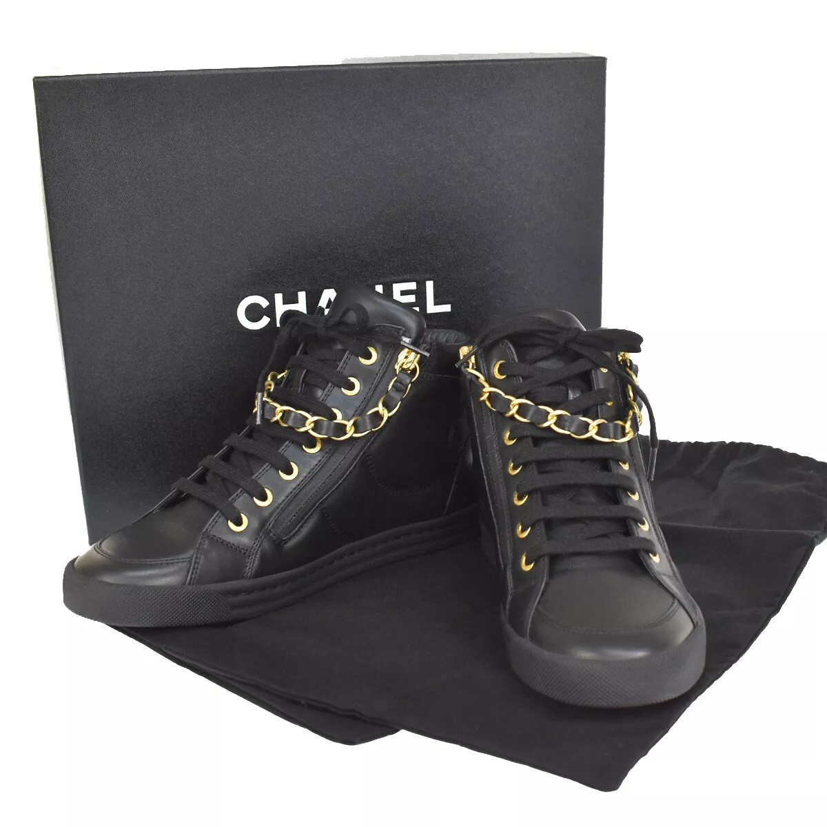 CHANEL CC Logos Chain Shoes Sneaker Leather Satin Black 36 Italy
