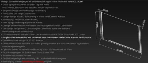 Design LED Beleuchtung Badezimmer Wand Hänge Licht spiegel Kippschalter 100 x 70 - Bild 3 von 3