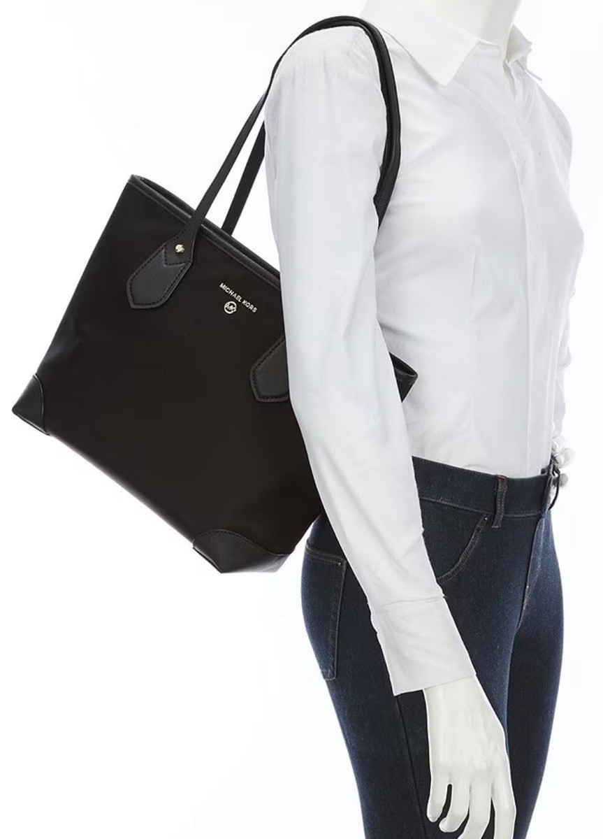 MICHAEL KORS Eva Top Zip Tote Nylon Bag Navy Gold Hardware