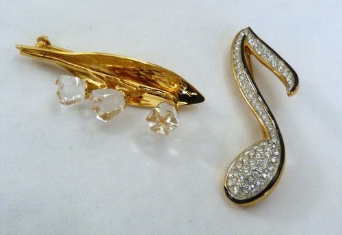 SWAROVSKI SWAN SIGNED MEMORIES LILY OF THE VALLEY FLOWERS & MUSIC NOTE PINS X 2 - Picture 2 of 10