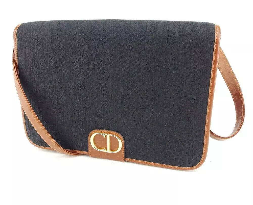 Sac bandoulière Christian Dior Trotter noir marron toile cuir doré rigide