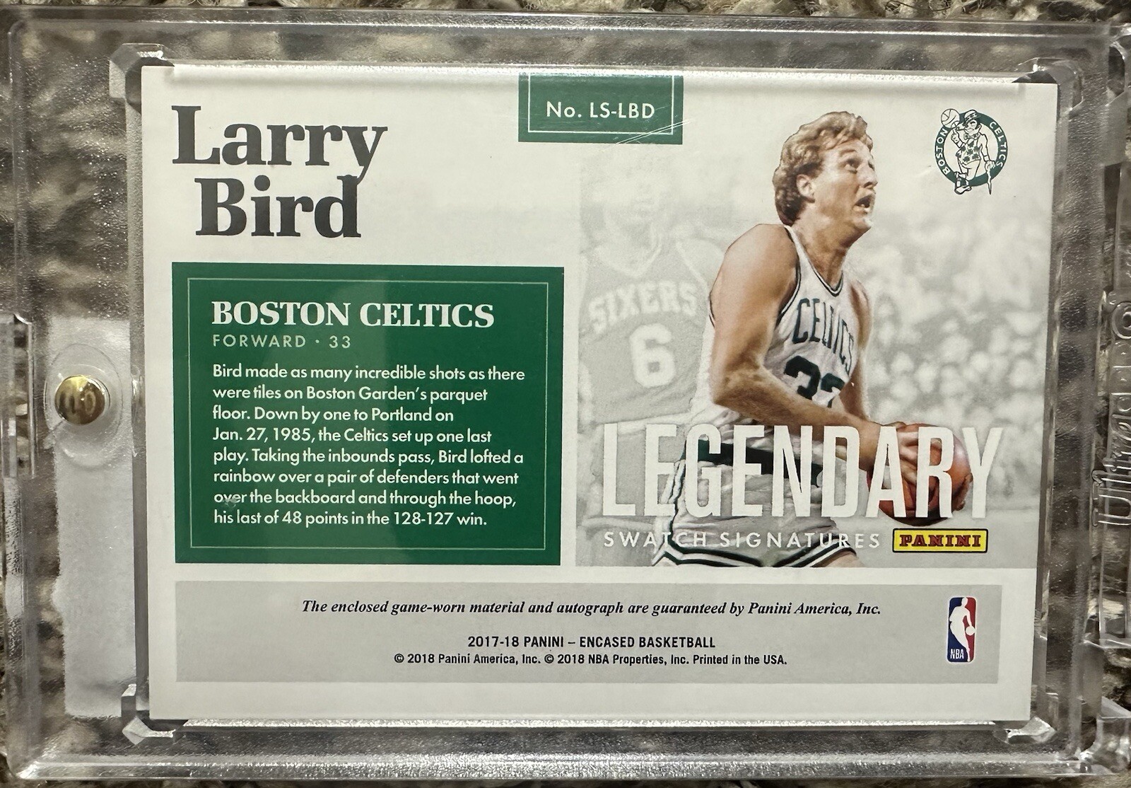 2017-18 Encased Basketball Larry Bird Game Used Jersey Relic Auto #13/49 Celtics view 2