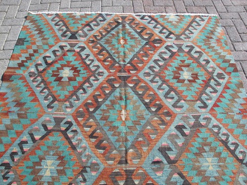 Blue Kilim Rug 5.8x9.2 Large Wool Area Rug Original Oushak Vintage Faded Rug - Picture 4 of 14