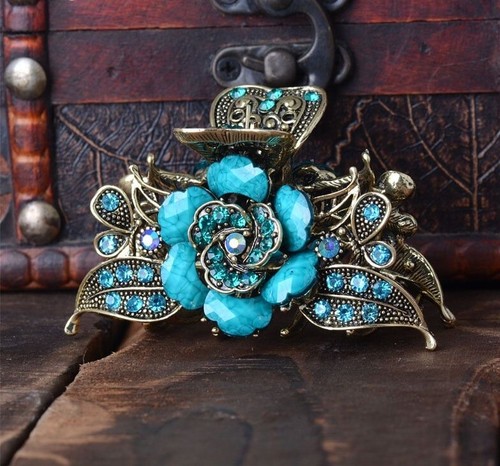 Vintage Flower Hair Claw Clip Antique Metal Rhinestone Hairpin Jewelry Accessory - Bild 1 von 22