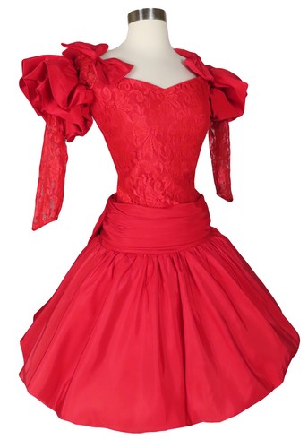 Vintage 80s Red Lace Full Bubble Skirt Prom Party Dress XXS XS Valentines Day - Picture 3 of 12