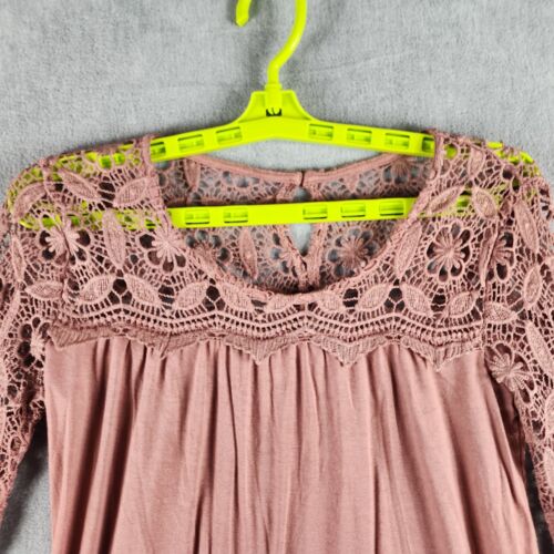 Kate & Mallory Woman Top XS Pink Tunic Blouse Bell Sleeve Lace Crochet Babydoll - Picture 3 of 15