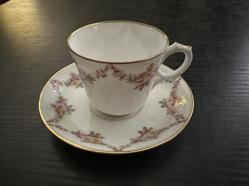 T&V China France Mini Tea Cup & Saucer (Floral, Gold Trim) - Picture 1 of 10