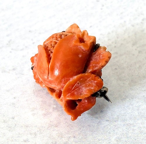Antique Victorian Hand Carved Coral Flower Pin Detailed Dimensional Petite Silve - Picture 5 of 8