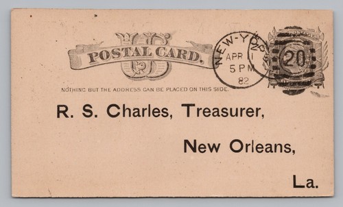 Tarjeta postal 1882, National Park Bank New York, New Orleans, R.S. Charles P7 - Imagen 1 de 2