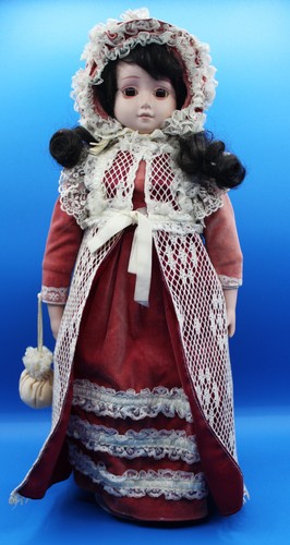 VINTAGE VINYL & PORCELAIN CERAMIC DOLL VELVET UNMARKED WITH STAND 18" - Picture 1 of 7