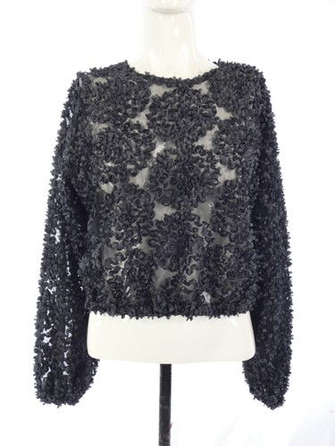 Zara Blouse Black Floral Applique Crop Top Sheer Mesh 3D Flowers size M Molly - Picture 3 of 14