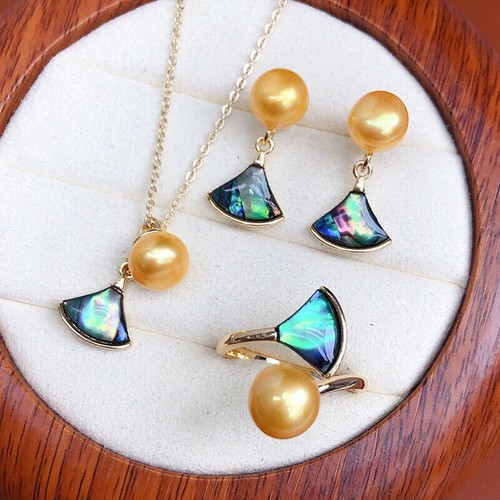 Real AAA+ Pearl Abalone Shell Inlay Gold Stud Earrings+Ring+Pendant Necklace Set - Picture 3 of 12