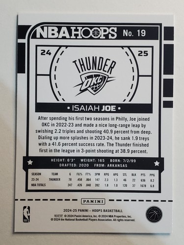 2024-25 Hoops #19 Isaiah Joe ~ Oklahoma City Thunder - Picture 2 of 2