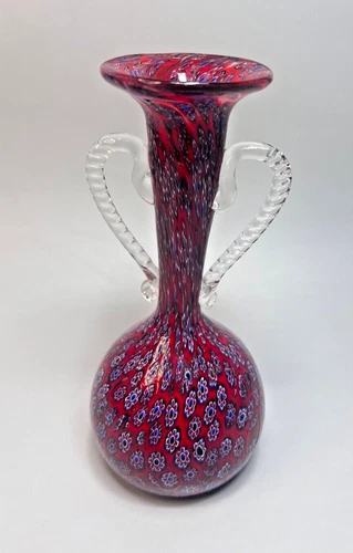 1960 Vintage Italy Fratelli Toso Murano Millefiori Glass Vase Urn Twisted Handle