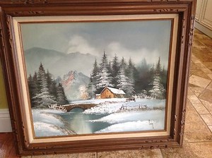 Vintage Estate Oil Painting Landscape Winter Cabin In The Woods
